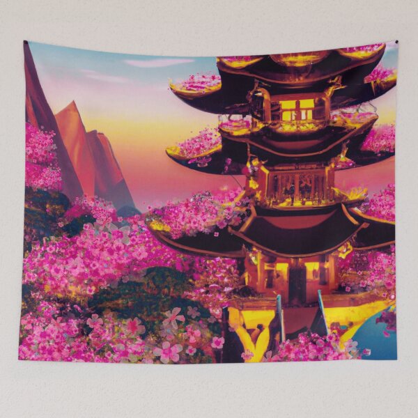Item preview, The japanese castle in spring of blossom sakura flowers in sunset designed and sold by MerryCrown.