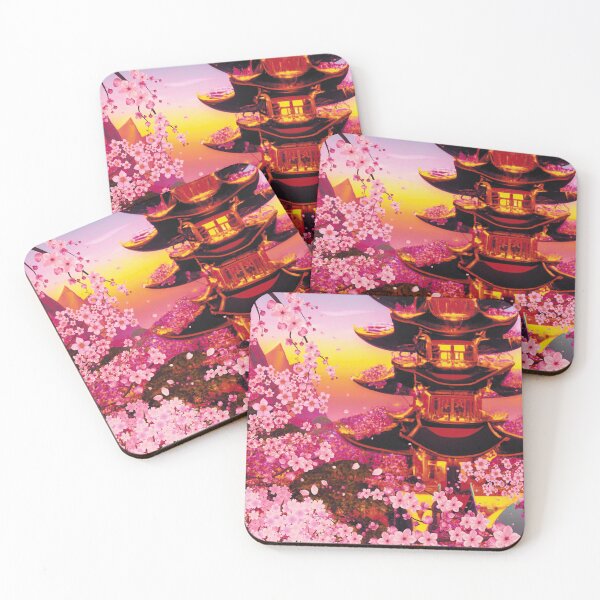Item preview, The japanese castle in spring of blossom sakura flowers in sunset of pink designed and sold by MerryCrown.