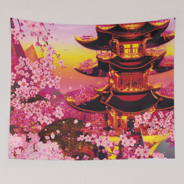 Item preview, The japanese castle in spring of blossom sakura flowers in sunset of pink designed and sold by MerryCrown.