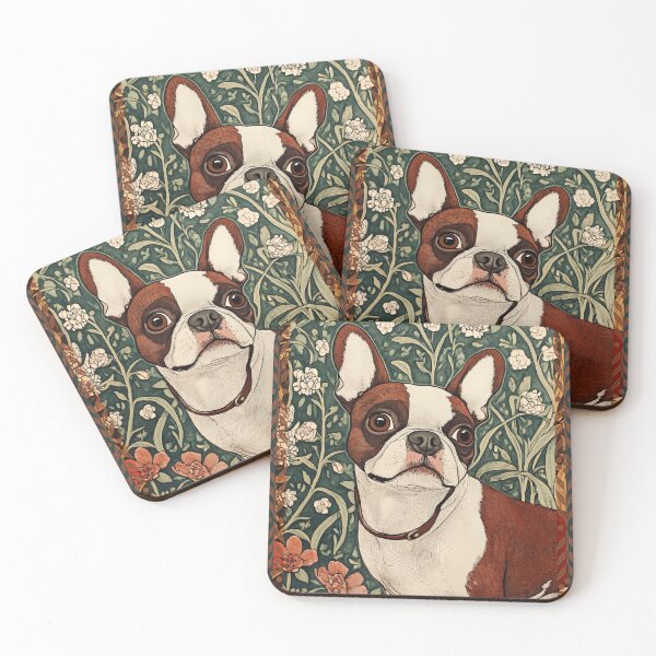 Item preview, Red Boston Terrier in a Vintage William Morris Garden designed and sold by AntiqueImages.