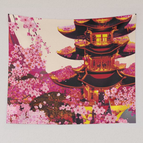Item preview, The japanese castle in spring of blossom sakura flowers in pink and red designed and sold by MerryCrown.