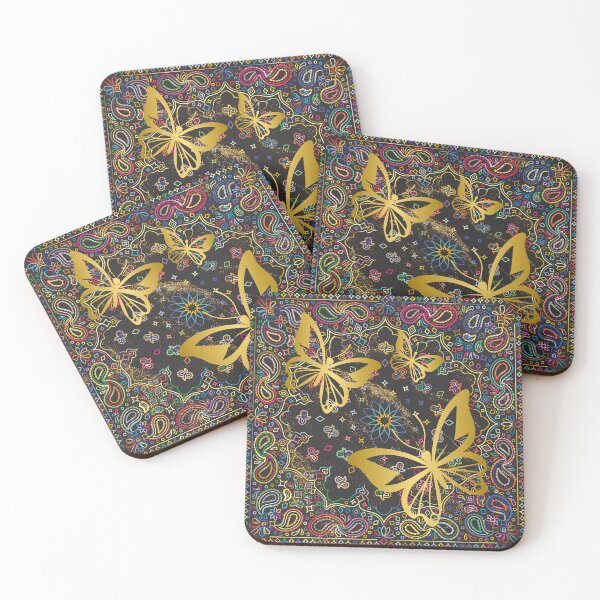 Item preview, "Golden Butterflies on Colorful Paisley Background" designed and sold by Graphollio-shop.