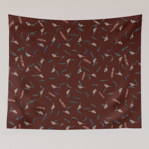 Item preview, Primitive Birds and Leaves on Dark Red Brown Background designed and sold by jocelynsart.