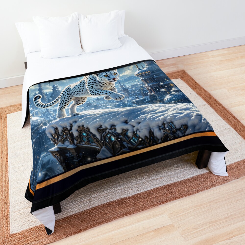 Mystical Snow White Cheetah In A Snowy Moonlit Architectural Wonderland AI Concept Art by Xzendor7 | A Majestic Winter Beauty 3 Mystical Snow White Cheetah In A Snowy Moonlit Architectural Wonderland Alluring AI Concept Art by Xzendor7 Decorative Art Print Comforter