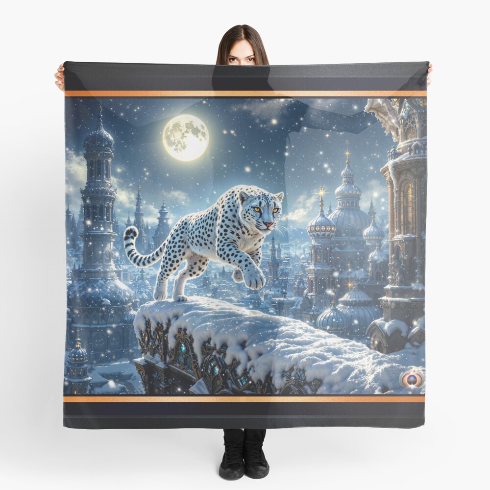 Mystical Snow White Cheetah In A Snowy Moonlit Architectural Wonderland AI Concept Art by Xzendor7 | A Majestic Winter Beauty 4 Mystical Snow White Cheetah In A Snowy Moonlit Architectural Wonderland Alluring AI Concept Art by Xzendor7 Decorative Art Print Women's Scarf