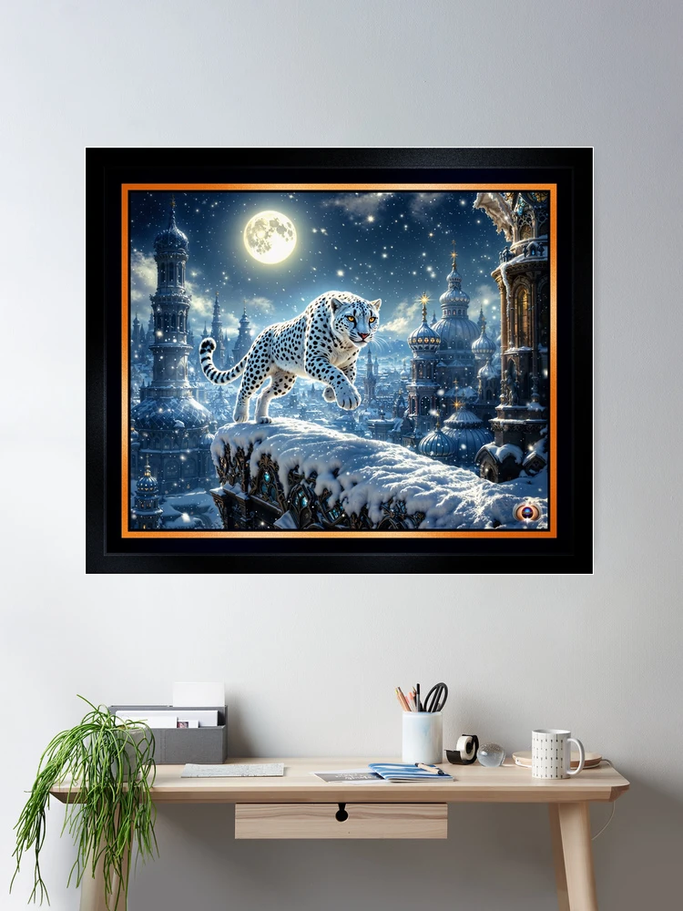 Mystical Snow White Cheetah In A Snowy Moonlit Architectural Wonderland AI Concept Art by Xzendor7 | A Majestic Winter Beauty 2 Mystical Snow White Cheetah In A Snowy Moonlit Architectural Wonderland Alluring AI Concept Art by Xzendor7 Wall Decor Poster Art Print