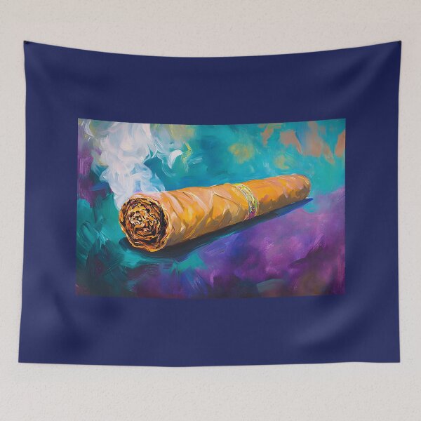 Item preview, Smoldering Elegance - Cigar Smoke Against a Vibrant Teal and Purple Backdrop designed and sold by OlfactoART Studio.