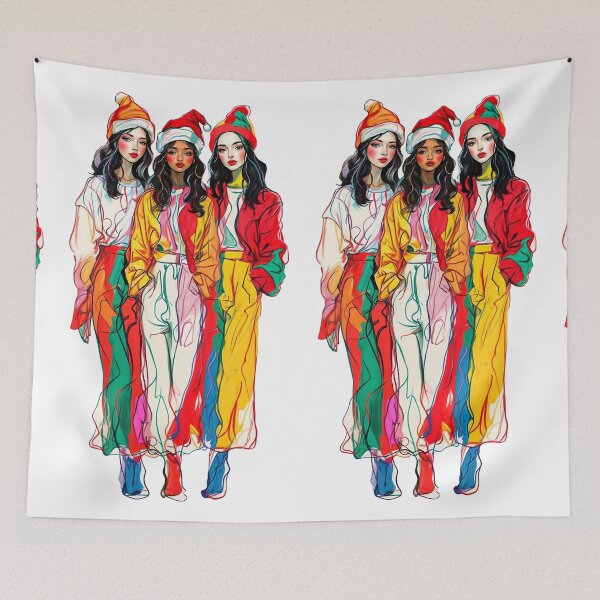 Item preview, Colorful fashion Illustration of three women in Santa hats designed and sold by olenapetol.