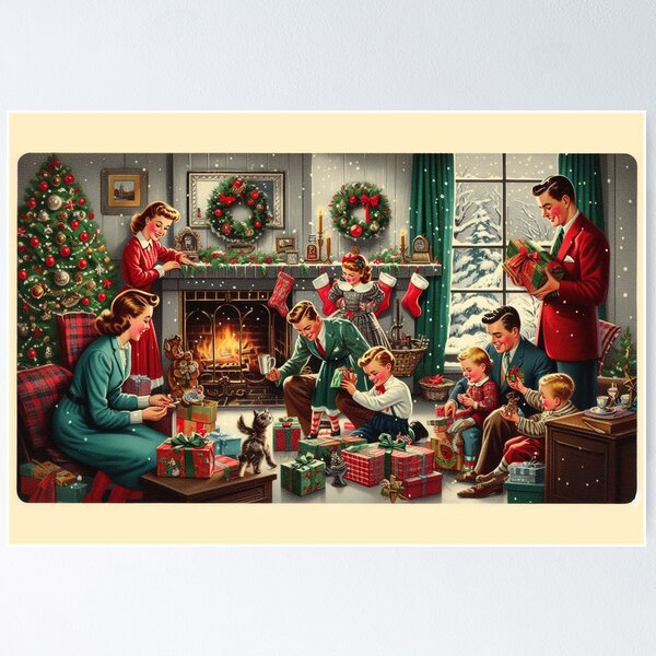 Artikelvorschau, Weihnachtsgeschenk 7: Eine gemütliche Weihnachtsszene für die Familie im 50er-Jahre-Stil entworfen und verkauft von Arte Cartoon From TagTeam Group.