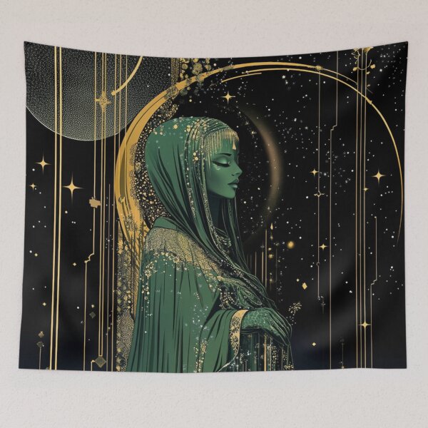 Item preview, Cosmic Elegance | A Futuristic Goddess Draped in Emerald and Gold designed and sold by Cris888.