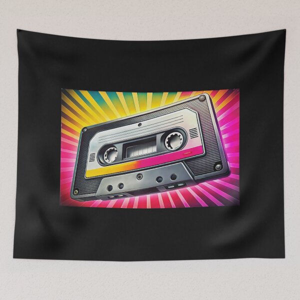 Item preview, Retro cassette tape with colorful background rays, nostalgic vibe, music concept, graphic design designed and sold by AngelinArts.