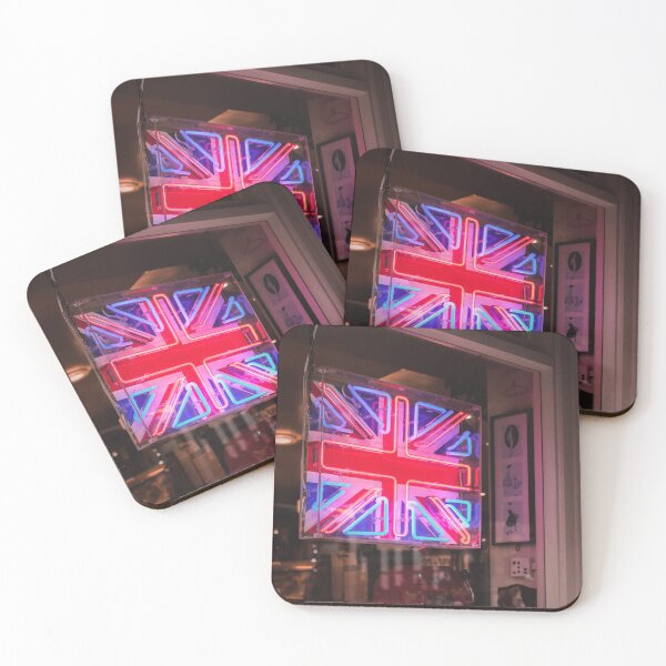 Item preview, London, England I Neon light of the United Kingdom flag in a moody dark window on a Londoner street to the vibrant cosmopolitan spirit of the English capital with abstract analog film photography designed and sold by Julie Travel Photography.