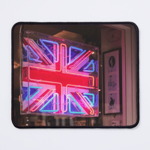 Item preview, London, England I Neon light of the United Kingdom flag in a moody dark window on a Londoner street to the vibrant cosmopolitan spirit of the English capital with abstract analog film photography designed and sold by Julie Travel Photography.