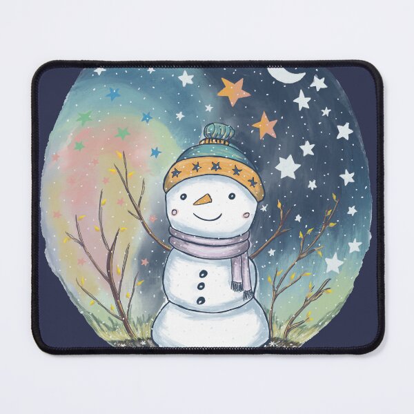 Item preview, Illustration of a happy snowman under starry sky designed and sold by AQuirkyApple.