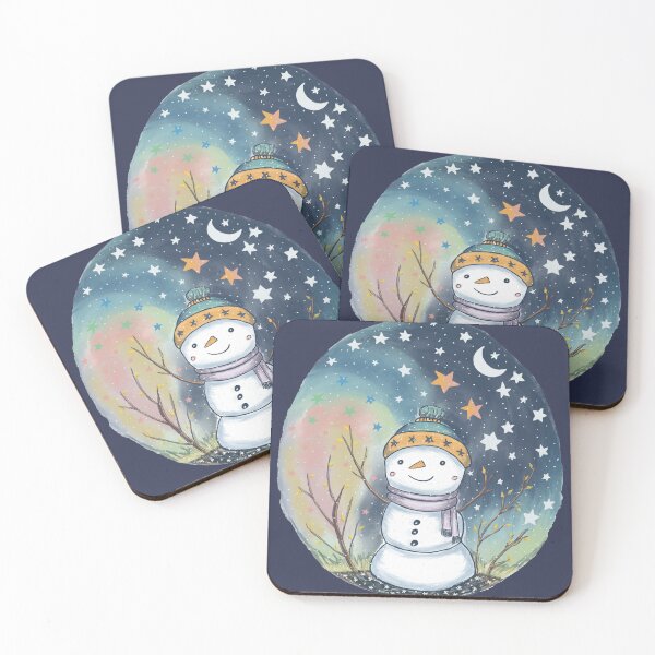 Item preview, Illustration of a happy snowman under starry sky designed and sold by AQuirkyApple.