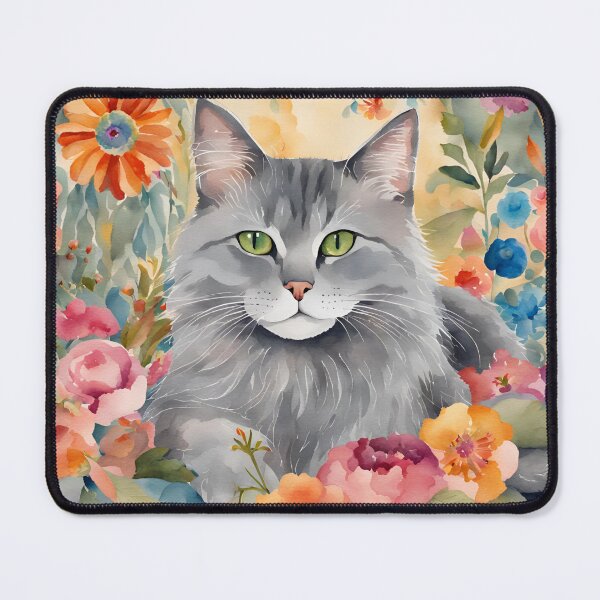 Item preview, Watercolor Floral Fluffy Gray Cat Boho Art designed and sold by SeaStarAlex.