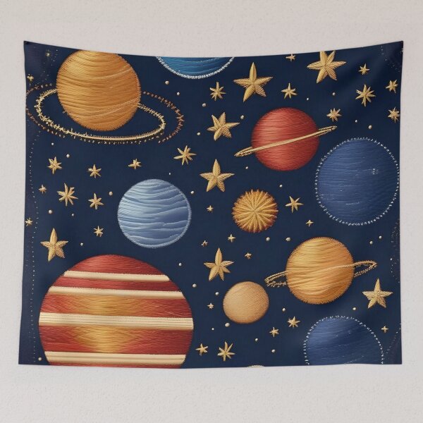 Item preview, Embroidery of planets and stars on a blue background designed and sold by Ciervo Primavera.