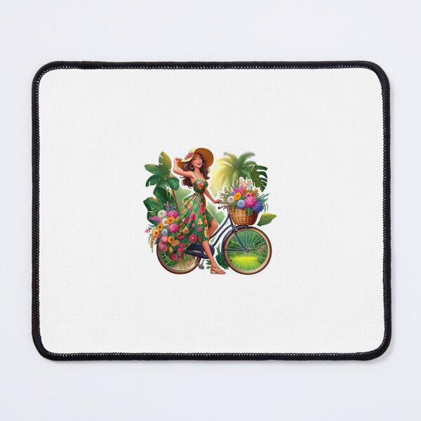 Item preview, Young woman on a vintage bicycle with wicket basket filled with flowers. designed and sold by Chase12921.