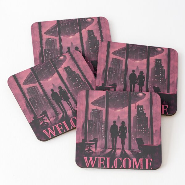 Item preview, Pink & Black UFO Cityscape Art | "WELCOME" Graphic Design designed and sold by ashleyecarr.