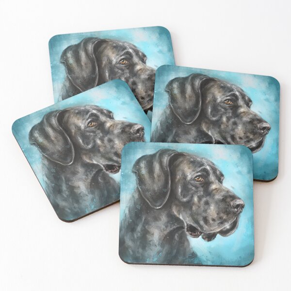 Item preview, Painting of an Impressive and Curious Black Great Dane on a Blue Background designed and sold by ibadishi.