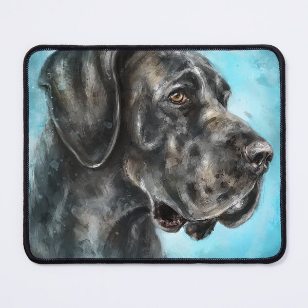 Item preview, Painting of an Impressive and Curious Black Great Dane on a Blue Background designed and sold by ibadishi.