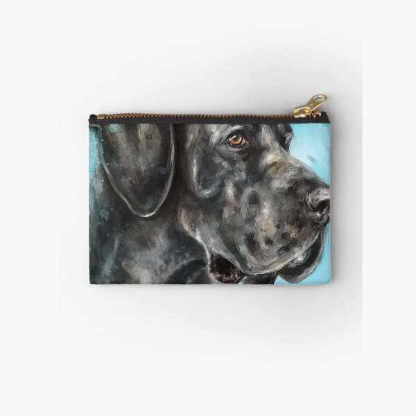 Item preview, Painting of an Impressive and Curious Black Great Dane on a Blue Background designed and sold by ibadishi.