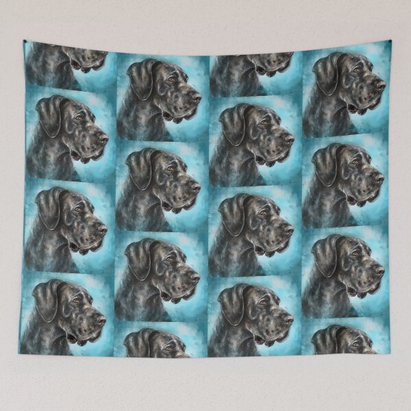 Item preview, Painting of an Impressive and Curious Black Great Dane on a Blue Background designed and sold by ibadishi.