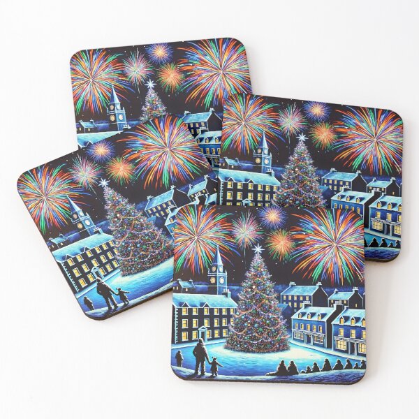 Item preview, Magical Christmas Town Square Fireworks - Victorian Winter Night Scene Art designed and sold by Very Peculiar.