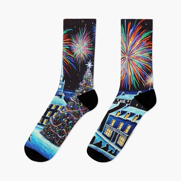 Item preview, Magical Christmas Town Square Fireworks - Victorian Winter Night Scene Art designed and sold by Very Peculiar.