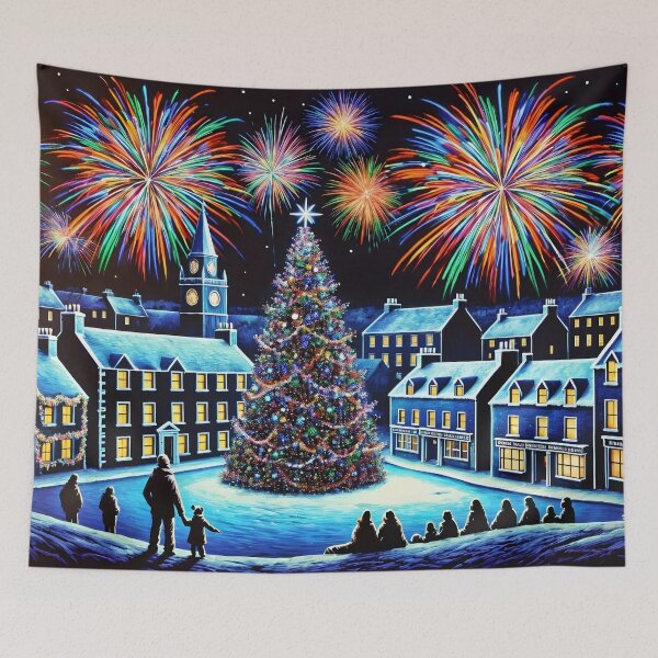 Item preview, Magical Christmas Town Square Fireworks - Victorian Winter Night Scene Art designed and sold by Very Peculiar.