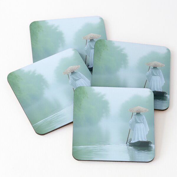Item preview, Tranquil boatman glides on misty serene river waters designed and sold by Artessie.