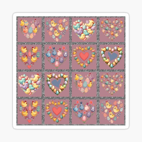 Easter Heart-Shaped Happiness: A heartwarming pattern showcasing 12 heart-shaped arrangements, each filled with adorable easter chicks and colorful easter eggs. Sticker
