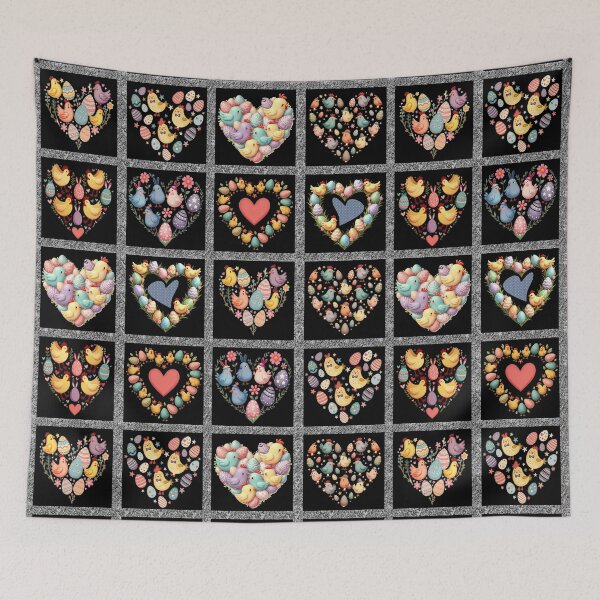 Item preview, Easter Lovebird Levity: A heartwarming pattern showcasing 12 heart-shaped arrangements, each filled with adorable easter chicks and colorful easter eggs. designed and sold by Grang Art Artistic Designs.