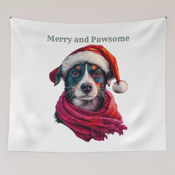 Item preview, Merry and Pawsome, Christmas Dog Art, Festive Puppy Design, Holiday Pet Illustration, Santa Hat Dog designed and sold by BukkyStory.