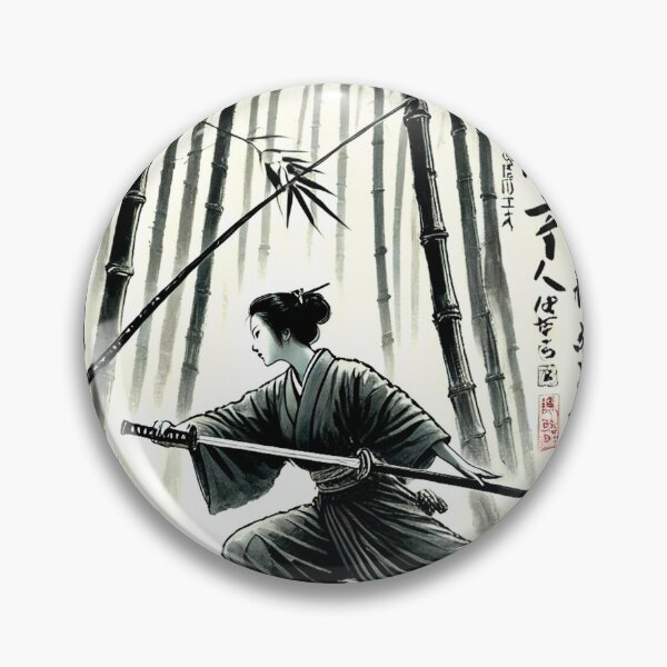 Item preview, Japan fighting samurai woman Onna-Bugeisha with katana in bamboo forest Edo period - Japanese ink drawing designed and sold by Kallandra.
