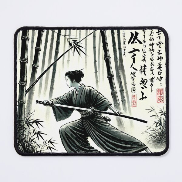 Item preview, Japan fighting samurai woman Onna-Bugeisha with katana in bamboo forest Edo period - Japanese ink drawing designed and sold by Kallandra.
