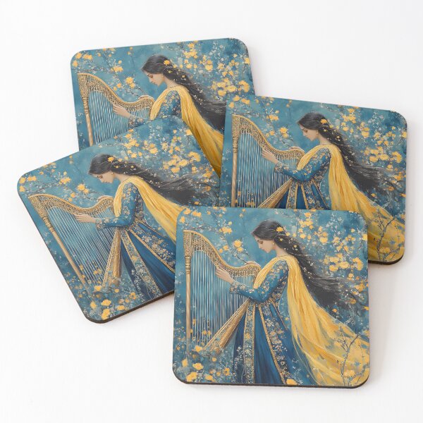 Item preview, Elegant woman in floral setting playing a golden harp designed and sold by Artessie.