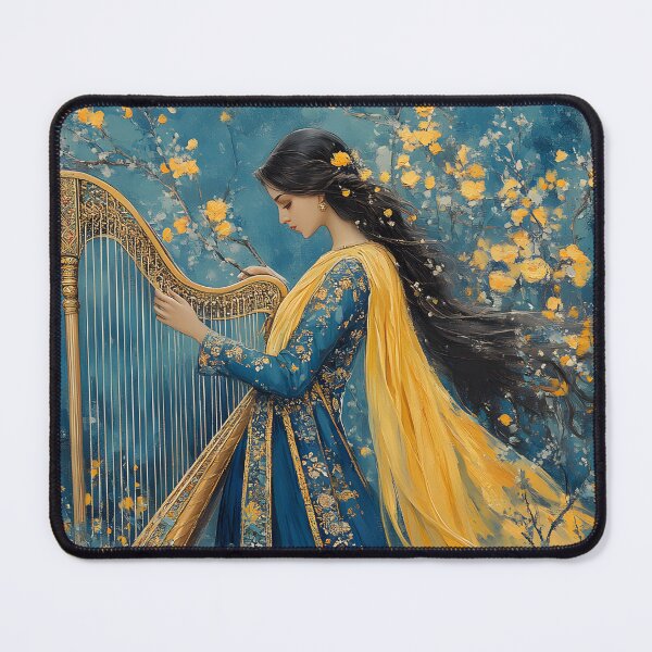 Item preview, Elegant woman in floral setting playing a golden harp designed and sold by Artessie.