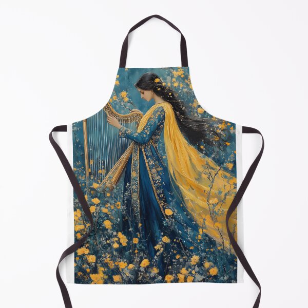 Item preview, Elegant woman in floral setting playing a golden harp designed and sold by Artessie.