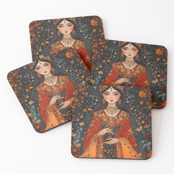Item preview, Elegant woman in vibrant autumn-themed attire art designed and sold by Artessie.