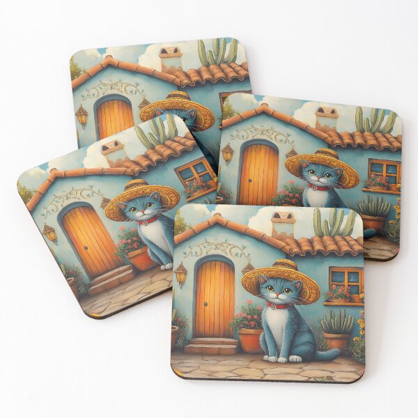 Item preview, Charming cat in sombrero at vibrant cottage entrance designed and sold by Artessie.
