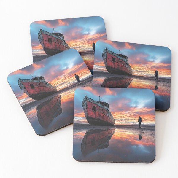 Item preview, Shipwreck on sandy beach reflected sunrise - Landscape photo designed and sold by TheArtistOf2022.
