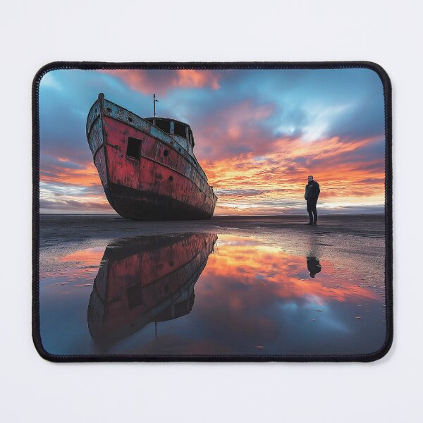 Item preview, Shipwreck on sandy beach reflected sunrise - Landscape photo designed and sold by TheArtistOf2022.
