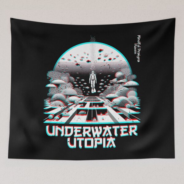 Item preview, SCUBA Diver in a Surreal Underwater Utopia | Chromadrift Anaglyph Brutalism Monochrome Power Illustration | Perfect Mindfulness Gift designed and sold by Psyberspace.