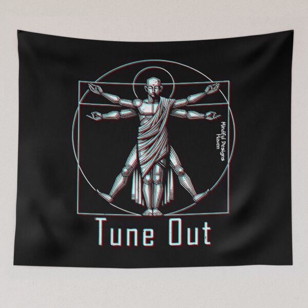 Item preview, Vitruvian Monk| Tune Out | Leonardo Da Vinci Vitruvian Man | Chromadrift Anaglyph Brutalism Monochrome Power Illustration | Perfect Mindfulness Gift designed and sold by Psyberspace.