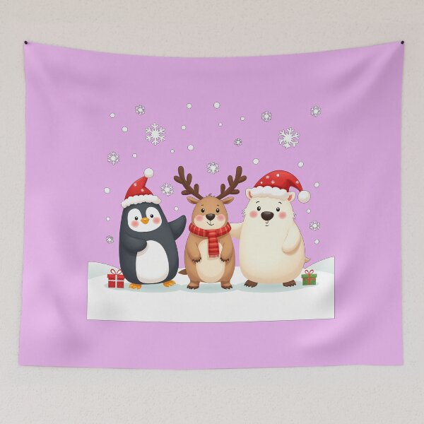 Item preview, Festive Friends Holiday Cheer - Cute Penguin, Reindeer, and Polar Bear in Santa Hats designed and sold by FunnyFarmDesign.