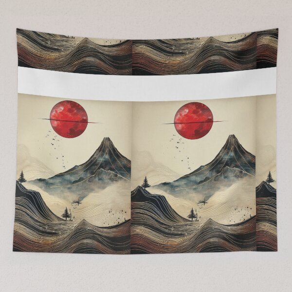 Item preview, JAPANDI MINIMALIST MODERN landscape painting,  mountain landscape,  red moon, vintage Japanese art,  Textured Rustic mountains  designed and sold by navitalidesign.