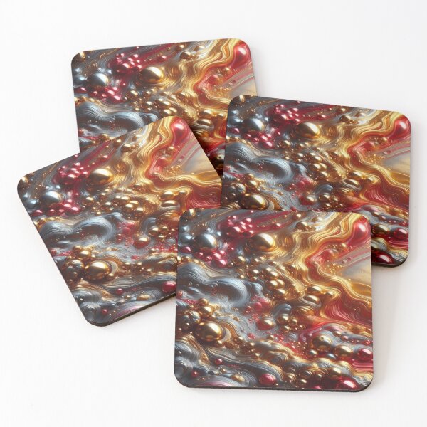 Item preview, abstract of melting liquid with metallic sheen, gold and cherry red colors - Retro Liquid Lava Flow Abstract Pattern designed and sold by KamalaDesign.
