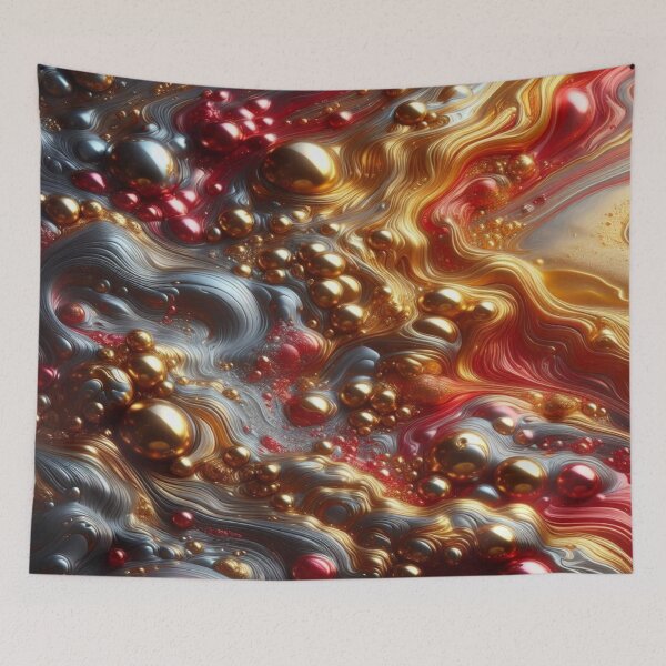 Item preview, abstract of melting liquid with metallic sheen, gold and cherry red colors - Retro Liquid Lava Flow Abstract Pattern designed and sold by KamalaDesign.