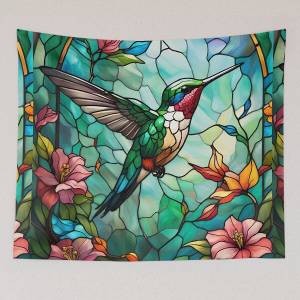 Item preview, Stained Glass Hummingbird Among Flowers designed and sold by Ciervo Primavera.